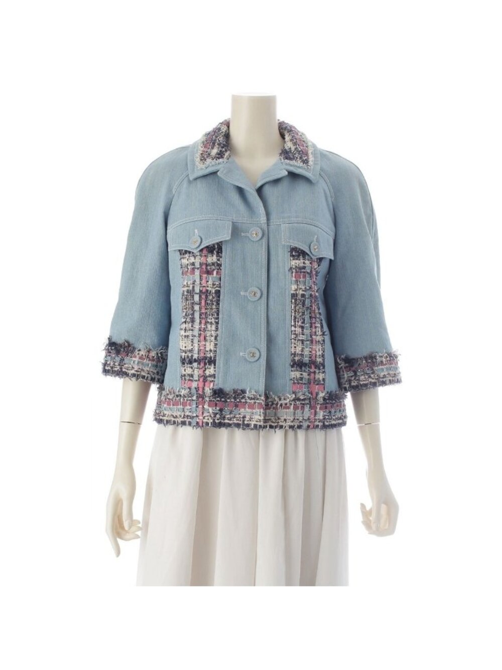 Chanel 07P Tweed Three Quarter Sleeve Jacket Light Blue 40